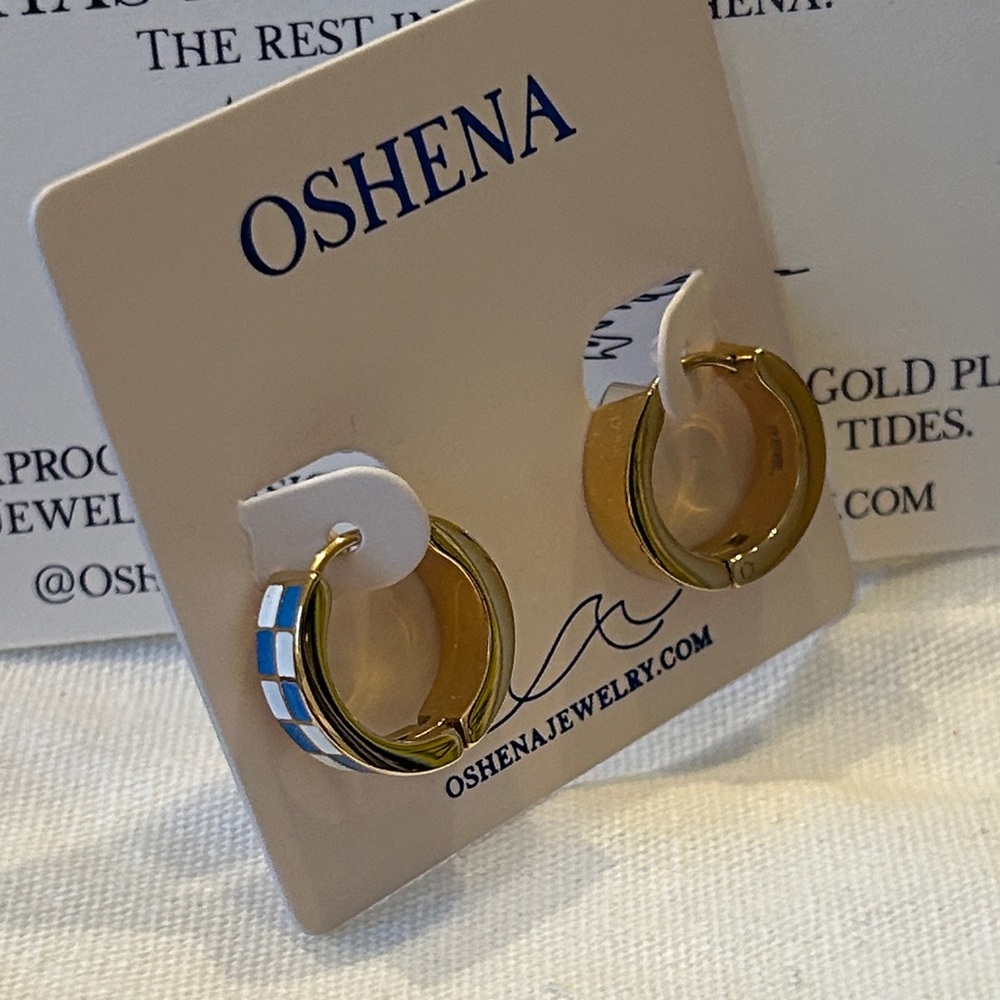 Oshena designer beachwear blue and white‎ check Gold Hoop Earrings NEW Release!